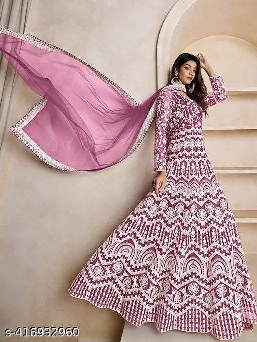 Indian embroidered net gown, full stitched, long sleeves, Bollywood-style wedding dress