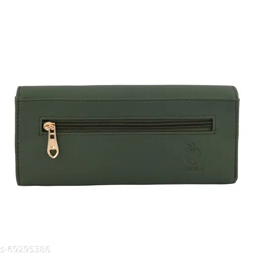 Green faux leather clutch wallet with 4 card pockets, zip closure