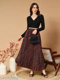 Floral print midi skirt, pleated design, elastic waist, chic fashion item