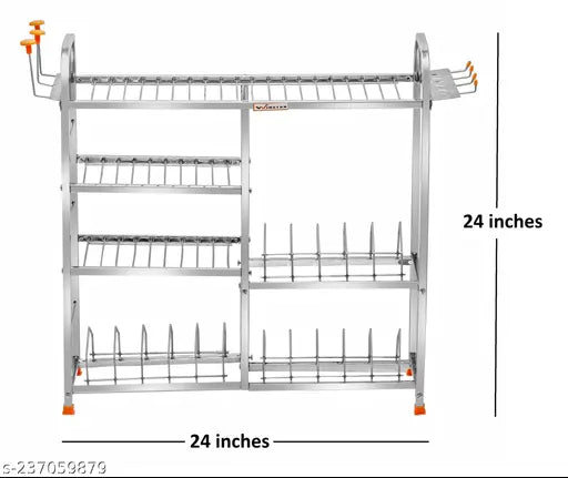 Stainless steel kitchen wall mount rack with four shelves and a lower level for plates. Accommodates up to three plates on each shelf and two glass holders, along with two spoon rests. Modular design allows easy customization of storage spaces