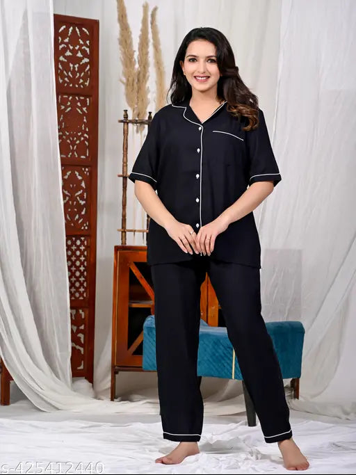 Black solid rayon night suit, printed net pattern on top and bottom, women's sleepwear set with short sleeves and matching design