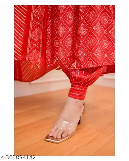 Red viscose rayon kurta set with palazzo and dupatta, beautiful prosen print on Indian-made fashion attire