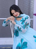 Blue Georgette long-sleeved rockway dress with printed net pattern, size 34in-37in