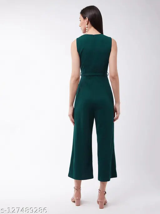 Green polyester Miss Chase women's solid round neck jumpsuit with zip closure and pockets, India origin