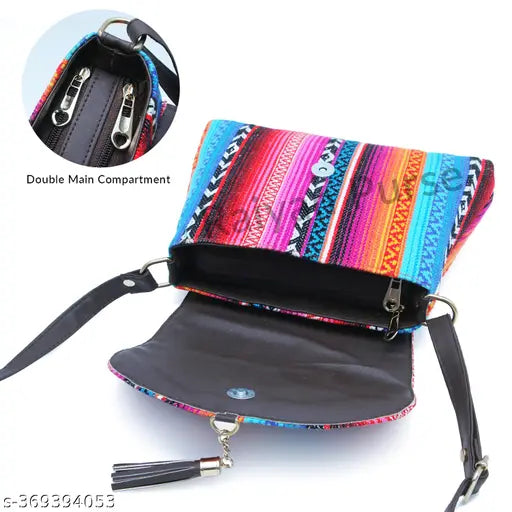 A sling bag with a brown shoulder strap, main compartment, side pockets