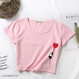 Women's funky print round neck short sleeves cotton blend crop T-shirt white, casual and stylish fashion for year-round wear