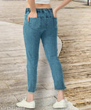 High-waisted stretchable premium blue denim jogger jeans with knee slit and relaxed fit for women