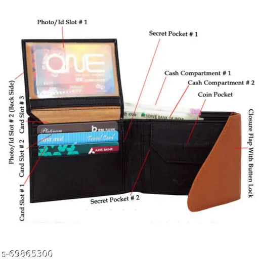Black N Tan PU Men's Premium Wallet, features 5 compartments, free size (10cm x 13cm), made in India