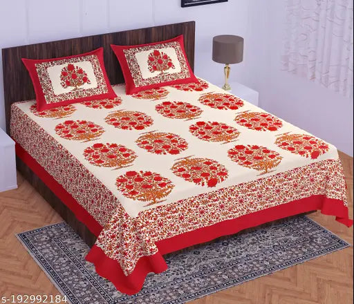 100 cotton double bed sheet, red floral print, queen size bedsheet.