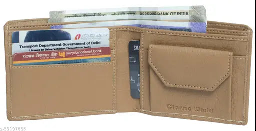 Cream PU Classic World men's wallet, ample space for cards, coins, and currency. Solid design, free size (9cm x 5cm). Made in India