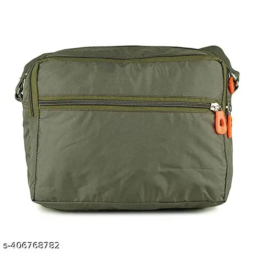 The image shows a gray sling bag with multiple card slots and a flap closure