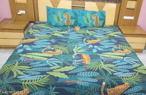 Navy jungle screen-printed, 200 thread count, superfine cotton flat sheets. Botanical pattern on a double queen bed (90x108 inches), ideal for summer. Made in India