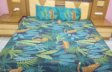 Navy jungle screen-printed, 200 thread count, superfine cotton flat sheets. Botanical pattern on a double queen bed (90x108 inches), ideal for summer. Made in India