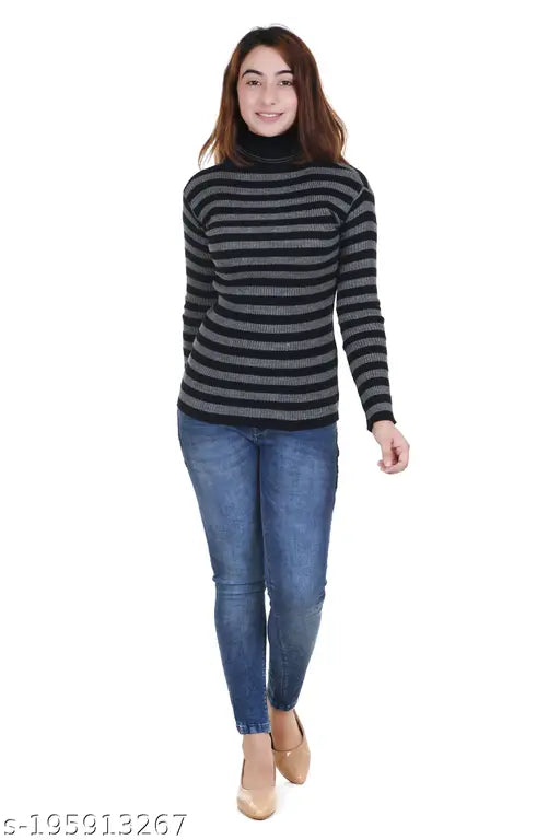 Black striped woolen full sleeve girl’s warm turtleneck sweater with blue jeans.