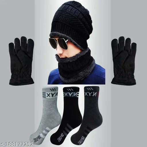 Woolen Aakarshini Combo Set: Ankle socks, cap, and gloves for men and women - Stay warm and stylish in cold weather (black, dark grey, silver)