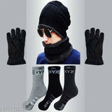 Woolen Aakarshini Combo Set: Ankle socks, cap, and gloves for men and women - Stay warm and stylish in cold weather (black, dark grey, silver)