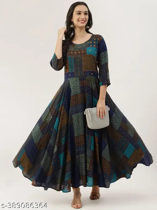 Multi-colored viscose rayon flared kurta with print detail