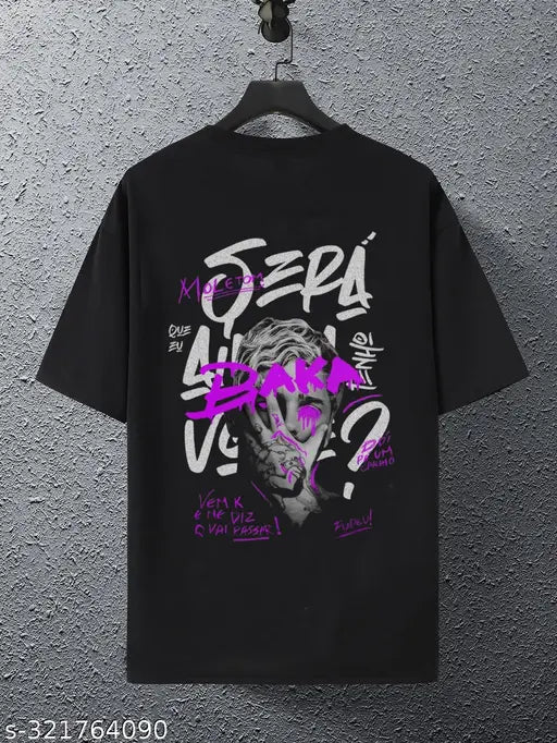 Black cotton blend loose fit t-shirt with printed design, short sleeves, size options available