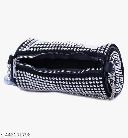 Black, silver, round sling bag with studded design