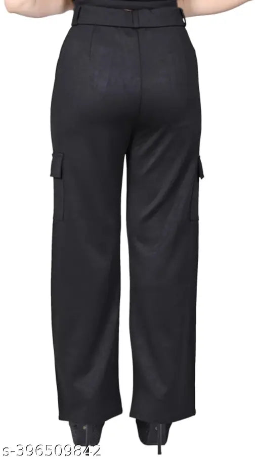 Black cargo pants with slanted inset pocket, high rise, patch with flap, straight fit, stretchable, relaxed, suitable for casual and formal wear