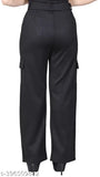 Black cargo pants with slanted inset pocket, high rise, patch with flap, straight fit, stretchable, relaxed, suitable for casual and formal wear