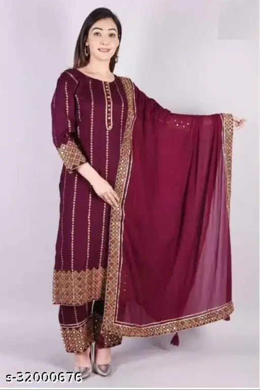 Women's Rayon embroidered net kurta, pant & dupatta set (S-XXL), Indian ethnic wear for festive or casual occasions