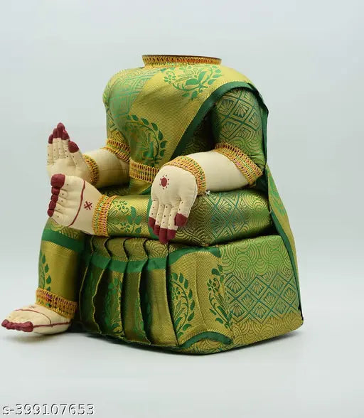 Light green and gold metal Varalakshmi Idol, intricate goddess for Varamahalakshmi Pooja, India origin