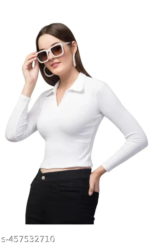 White Lycra full-sleeve top, solid net, size S (bust 28in, length 18in), made in India