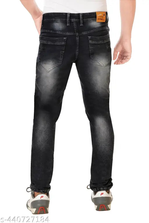 Dark wash denim jeans, slim fit, cuffed legs