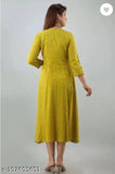 Printed yellow kameez, long sleeves, crew neck