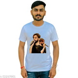 Comfy polyester men's t-shirt with printed design, short sleeves, available in M, L, XL, XXL (M: 38in chest, 27in length; L: 40in chest, 28in length; XL: 42in chest, 29in length; XXL: 44in chest, 30in length)