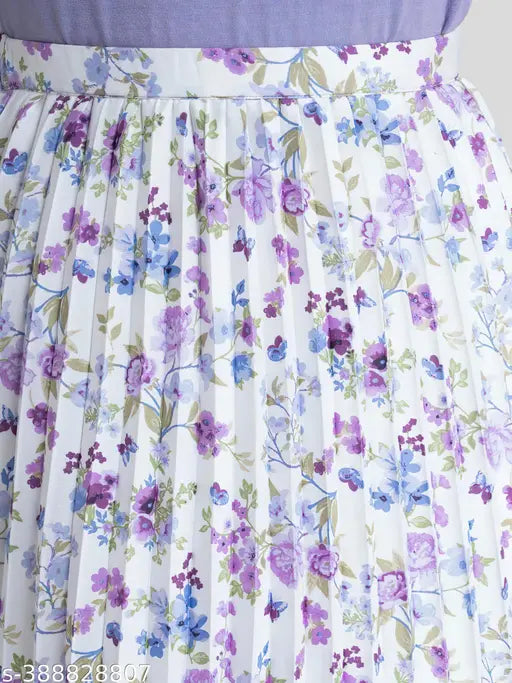 The image is of a floral print midi skirt on a mannequin