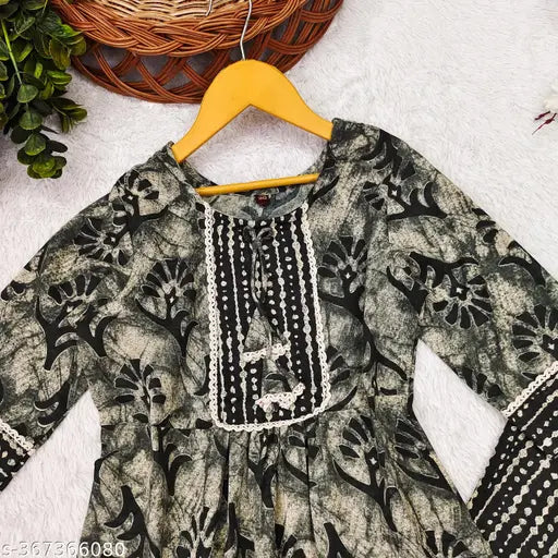 Sky blue printed cotton ethnic set for girls, A-line top with three-quarter sleeves and trousers bottom, India-origin traditional clothing