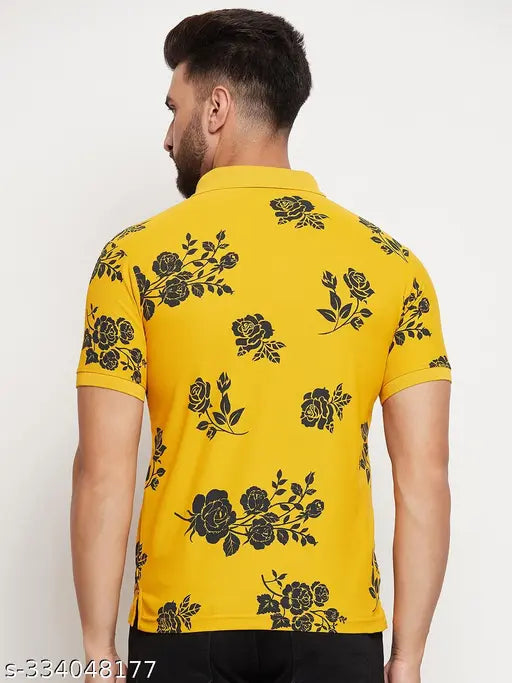 Rare men's cotton blend t-shirt, printed allover with casual polo collar, short sleeves [Size: L (42in/28in), XL (44in/29in)], Indian origin