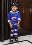 Shivarth blue wool sweater combo set for 1-2 year olds, featuring hooded sweater, sweatshirt, frock, skirt, coat, and pyjama pant with printed net pattern. Warm winter clothing for both girls and boys