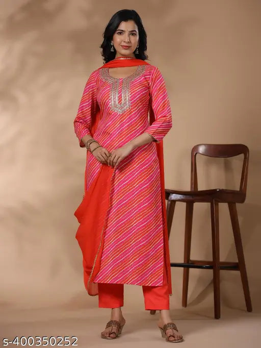Multi-colored printed cotton blend kurta set with trouser & dupatta and poly chiffon sleeves - Indian women's fashion in various sizes
