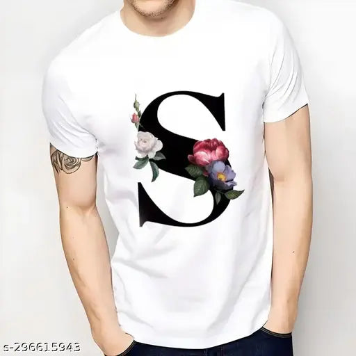 Men's white polyester round neck half sleeves alphabet printed t-shirt, great for gym and parties. Quality cloth made in India