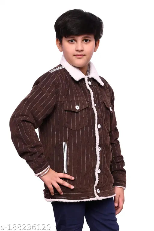 A young boy in a brown fur coat with two visible pockets
