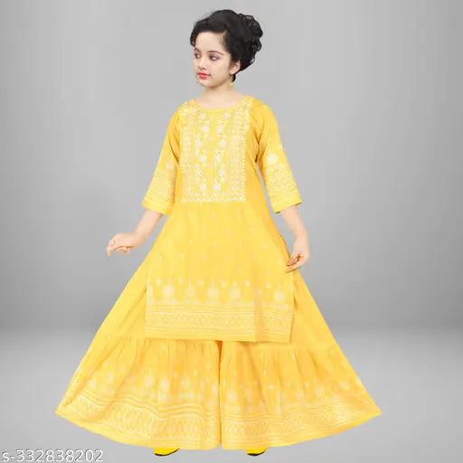 Embroidered rayon kurta and sharara set for girls, A-line with three-quarter sleeves, Indian traditional outfit for ages 4-16