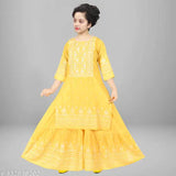 Embroidered rayon kurta and sharara set for girls, A-line with three-quarter sleeves, Indian traditional outfit for ages 4-16