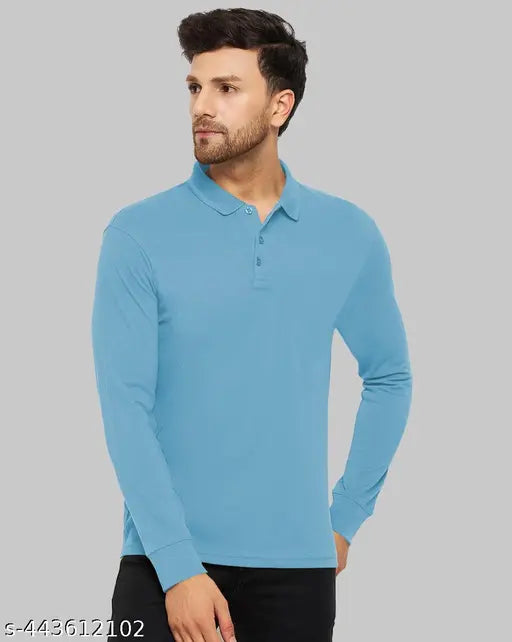 Indian-made, solid polycotton full-sleeve polo T-shirt for men in sizes L, XL, XXL, XXXL