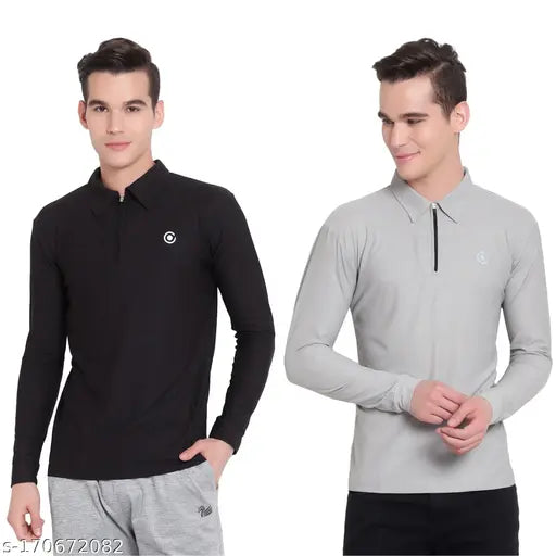 Black and gray polyester full sleeve T-shirt for men, durable, soft, and stylish with printed patterns