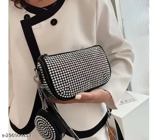 Classic women sling bag with sequins, black, white, silver hardware