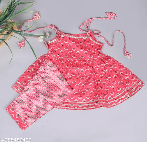 Pink pure cotton printed floral kurti pajama set for kids girls, featuring churidar bottoms and sleeveless tops