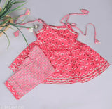 Pink pure cotton printed floral kurti pajama set for kids girls, featuring churidar bottoms and sleeveless tops