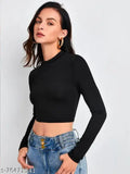 Black polyester blend full sleeve casual crop top (17in), solid pattern for women's fashion