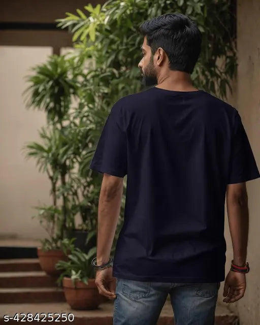 Dark Blue Cotton Blend Solid Tee - Comfortable, lightweight, premium stitching, everyday wear