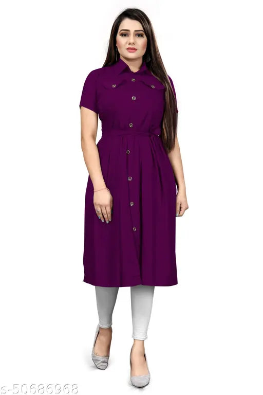 Purple cotton women's kurti with short sleeves and buttons