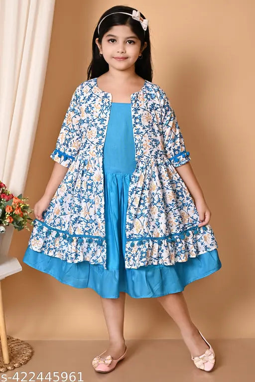 Blue patterned, flared sleeves girl's dress with ruffle details