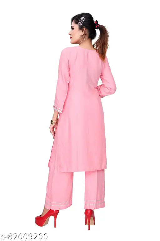 Rayon Kurta & Palazzo Set with Mirror Work Embroidery - Indian Women's Fashion - Round Neck, Three-Quarter Sleeves, Side Slits